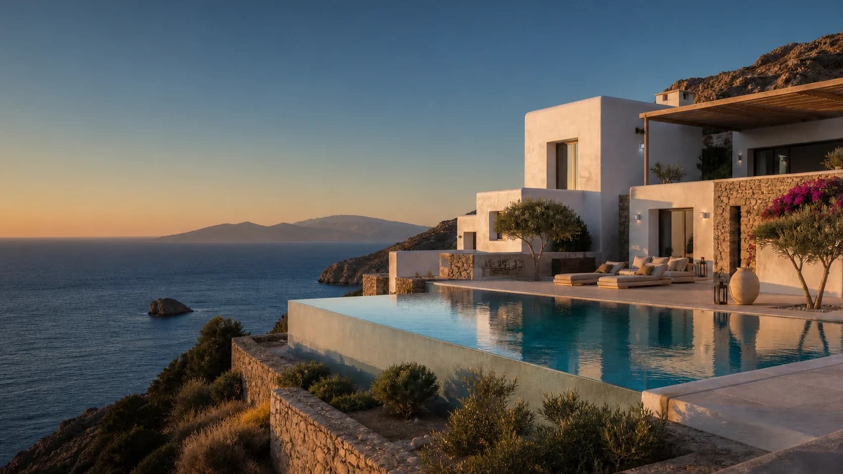 Illustrative Greek island villa scene with an infinity pool overlooking the sea