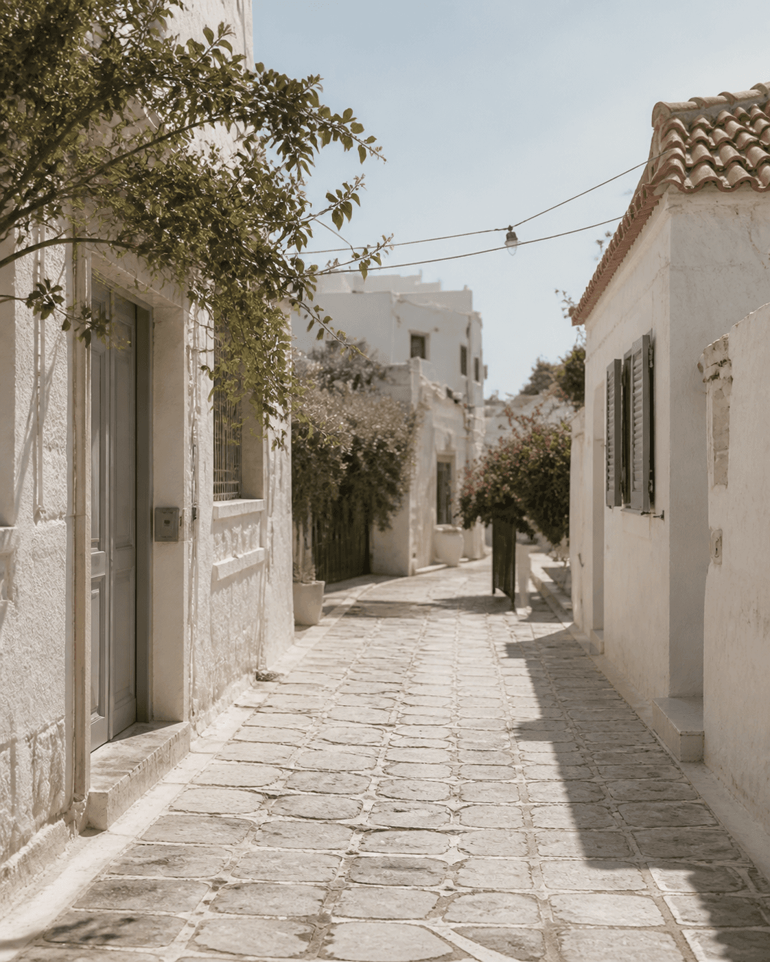 A quiet whitewashed lane in a Cycladic village