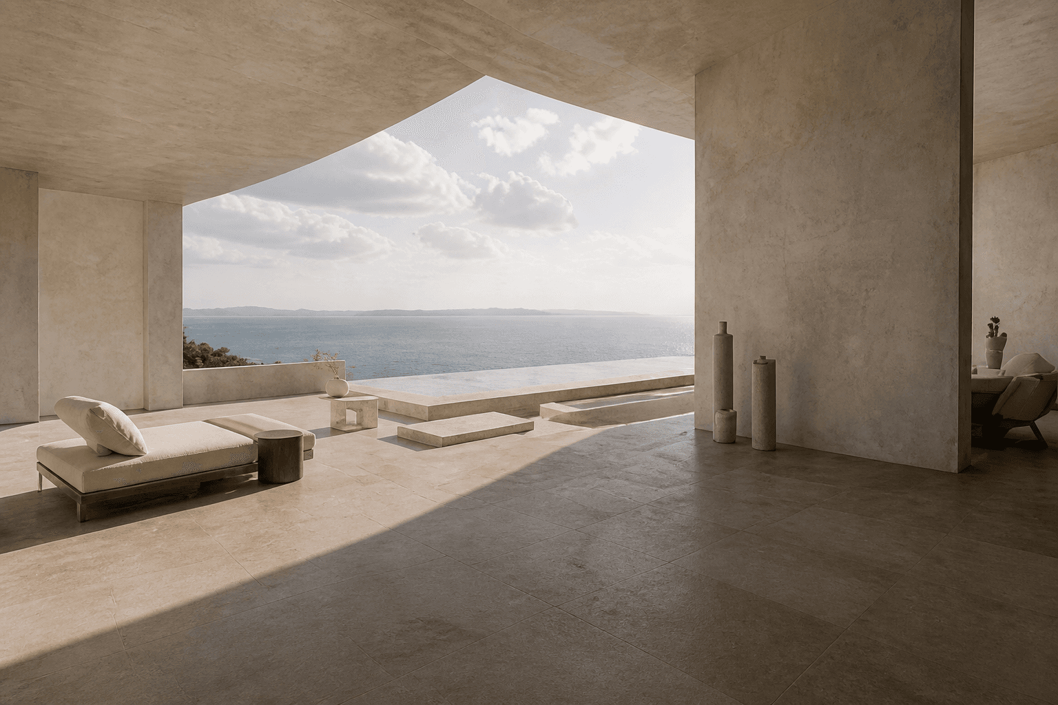 A pale stone Greek coastal residence opening to the Aegean